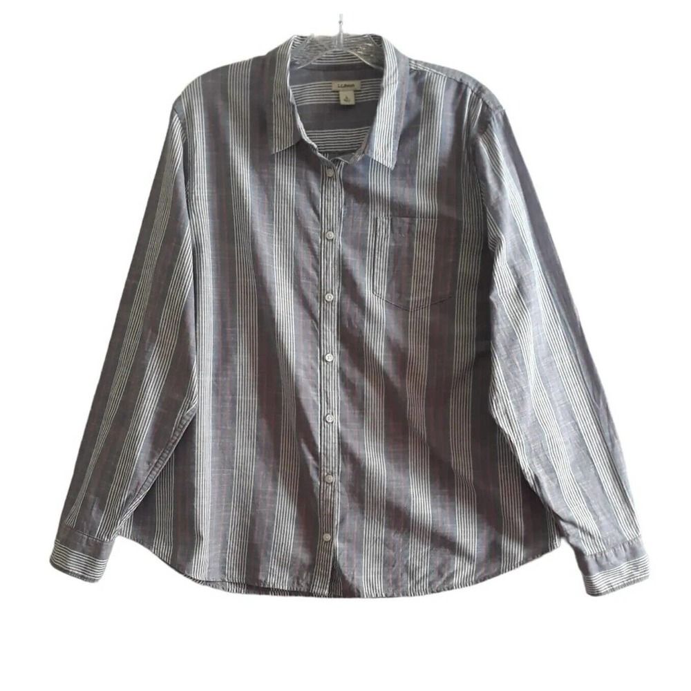 LL Bean Button Down Shirt Women Large Blue White Peach Stripes Long Sleeve